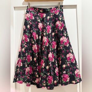 H&M Black Pink Floral A-Line Midi Skirt Flowy Rose Print